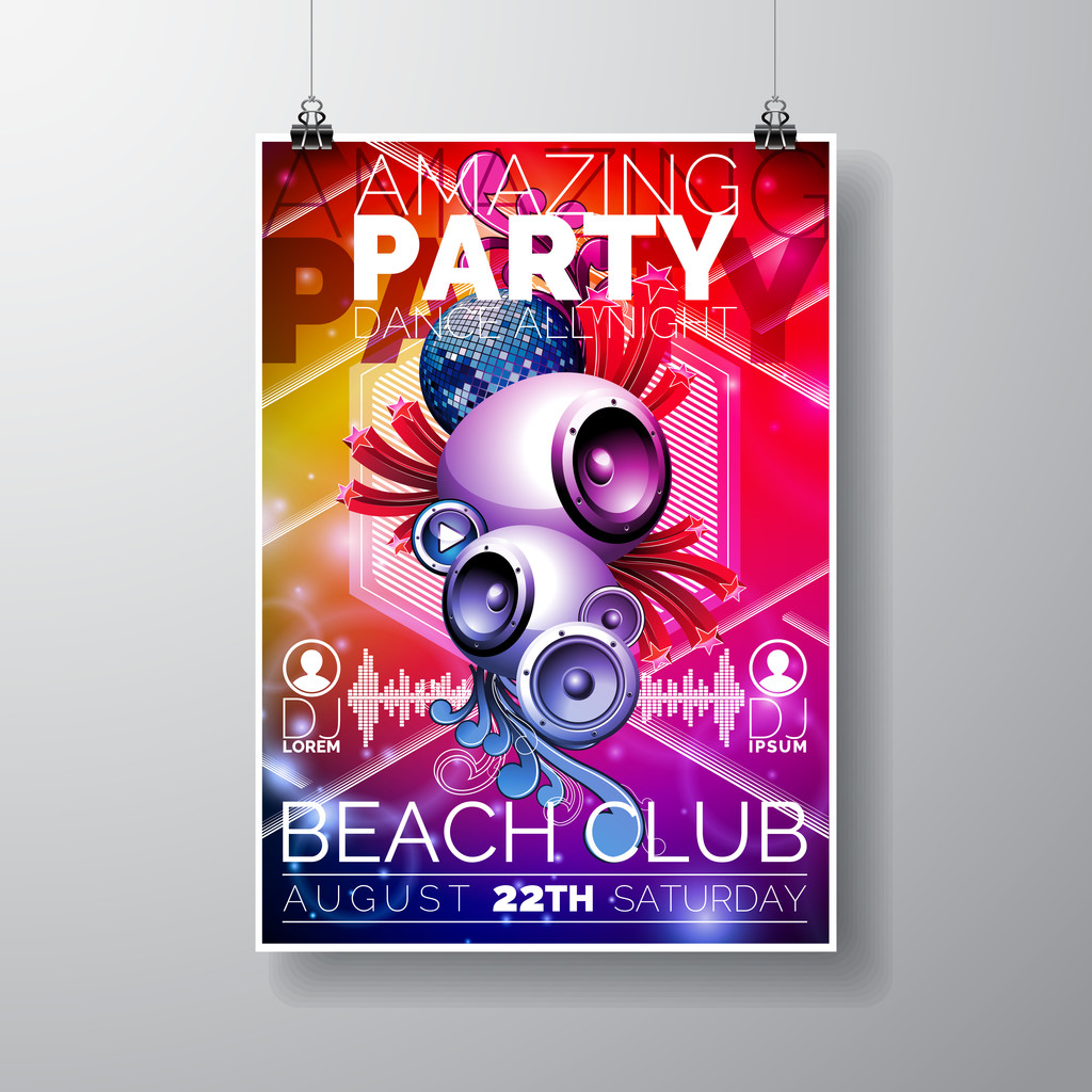 Vector Amazing Party Flyer Design com alto-falantes em fundo de cor. Eps10 ilustração. - Vetor, Imagem
