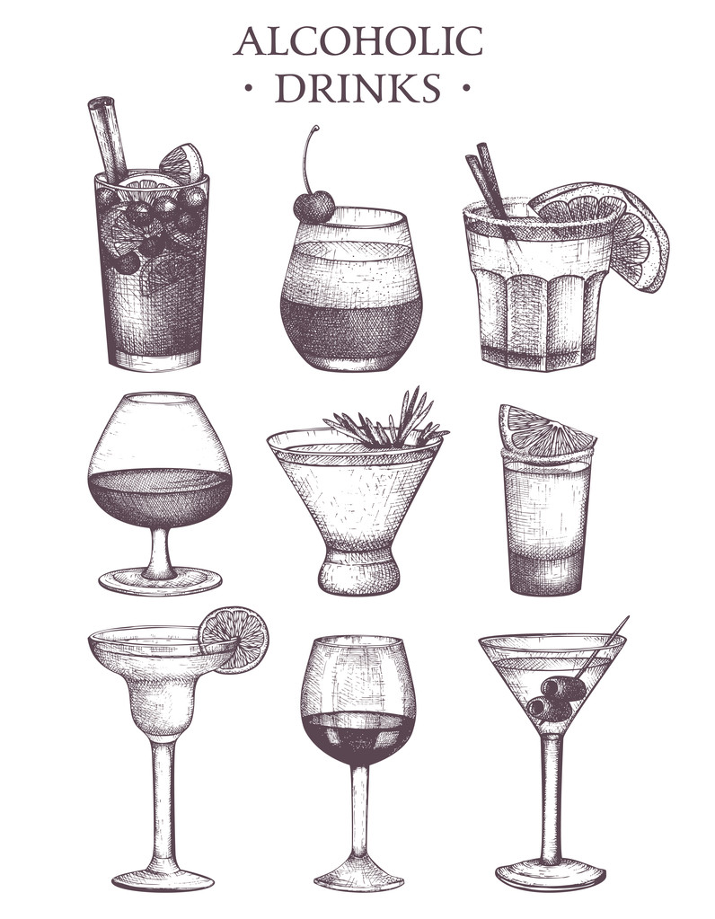 hand drawn alcoholic drinks illustration - Vector, Image