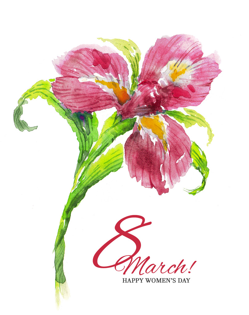 Akvarel přání 8 března s červenými iris květ - Fotografie, Obrázek