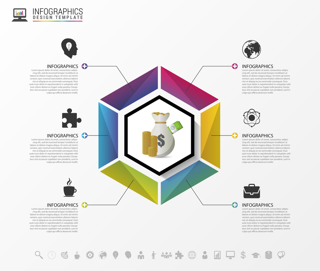 Цветной шестиугольник. Инфографическая бизнес-концепция. Вектор
 - Вектор,изображение
