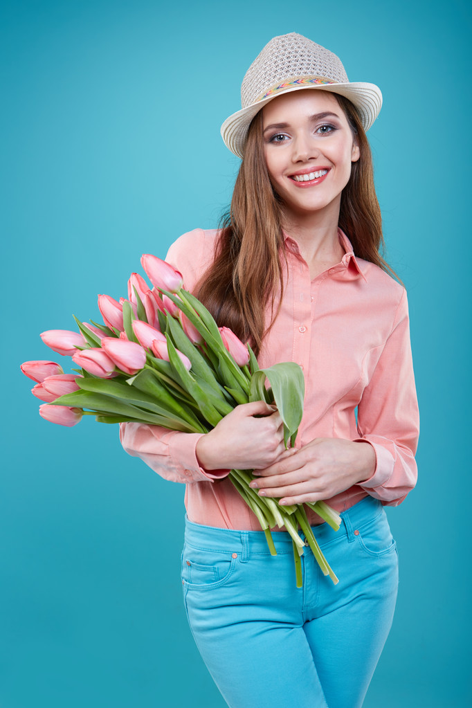 woman with tulips flowers - Photo, Image