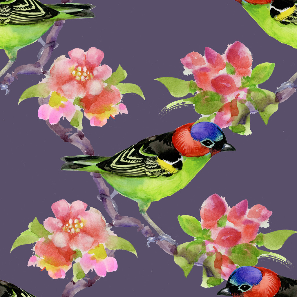 Ptak na gałęzi drzewa kwitnące - Zdjęcie, obraz