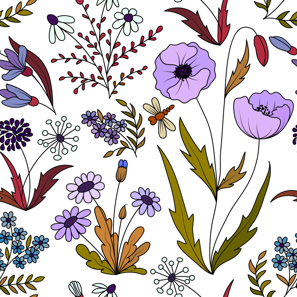schöne Vintage nahtlose Muster mit bunten wilden Frühlingsblumen auf weißem Hintergrund. Mohn, Gänseblümchen, Löwenzahn, Vergissmeinnicht. Vektorillustration. violett lila grün Hintergrund. - Vektor, Bild