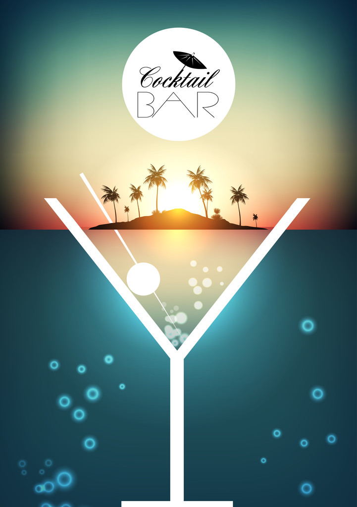 Cocktail Party Retro Poster Design com Ilha Tropical - Ilustração vetorial
 - Vetor, Imagem