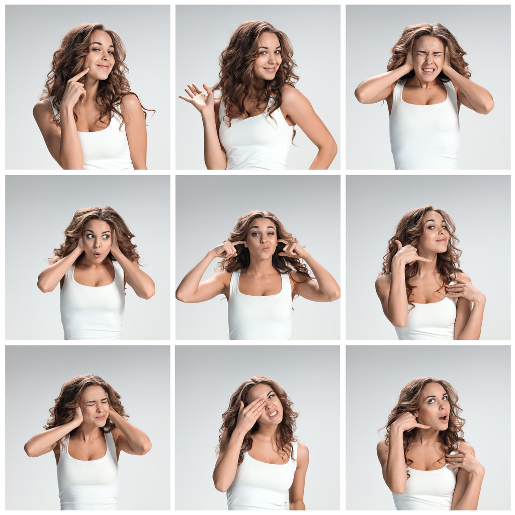 Reihe junger Frauenporträts mit unterschiedlichen glücklichen Gefühlen - Foto, Bild