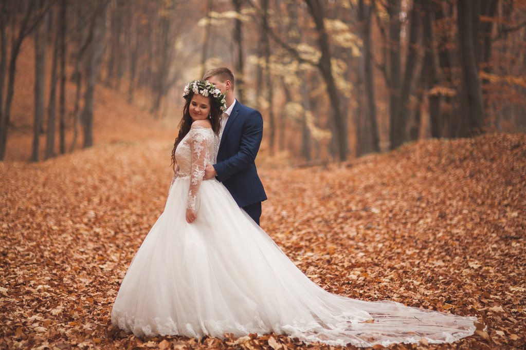Ευτυχισμένο ζευγάρι γάμος, νύφη και ο γαμπρός περιπάτου μέσα στο φθινόπωρο δάσος, πάρκο - Φωτογραφία, εικόνα