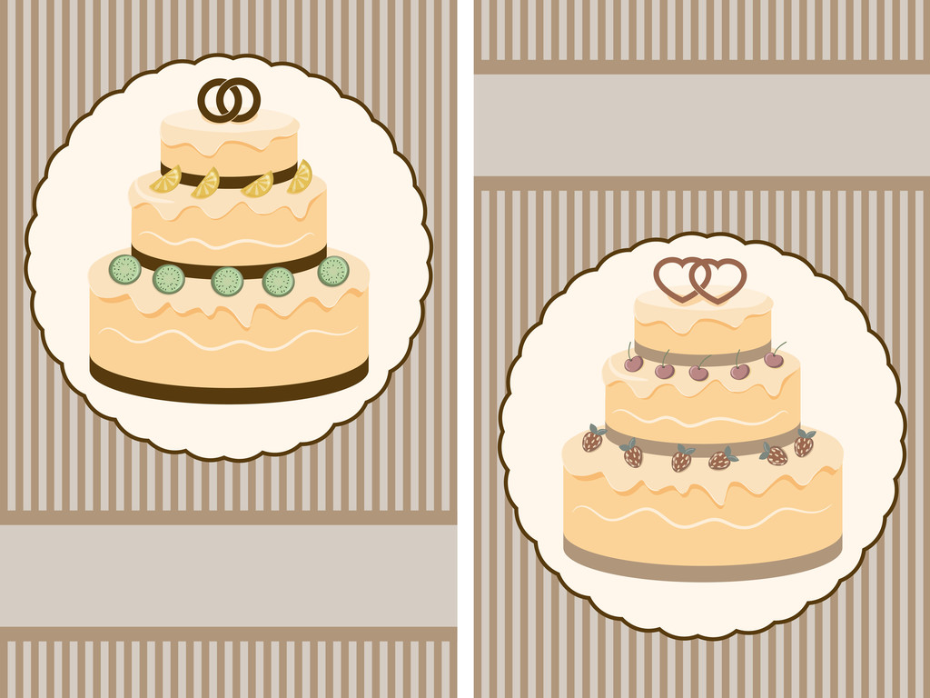 δύο διανυσματικά ρετρό γάμος πρόσκληση με μεγάλο γαμήλια τούρτα - Διάνυσμα, εικόνα