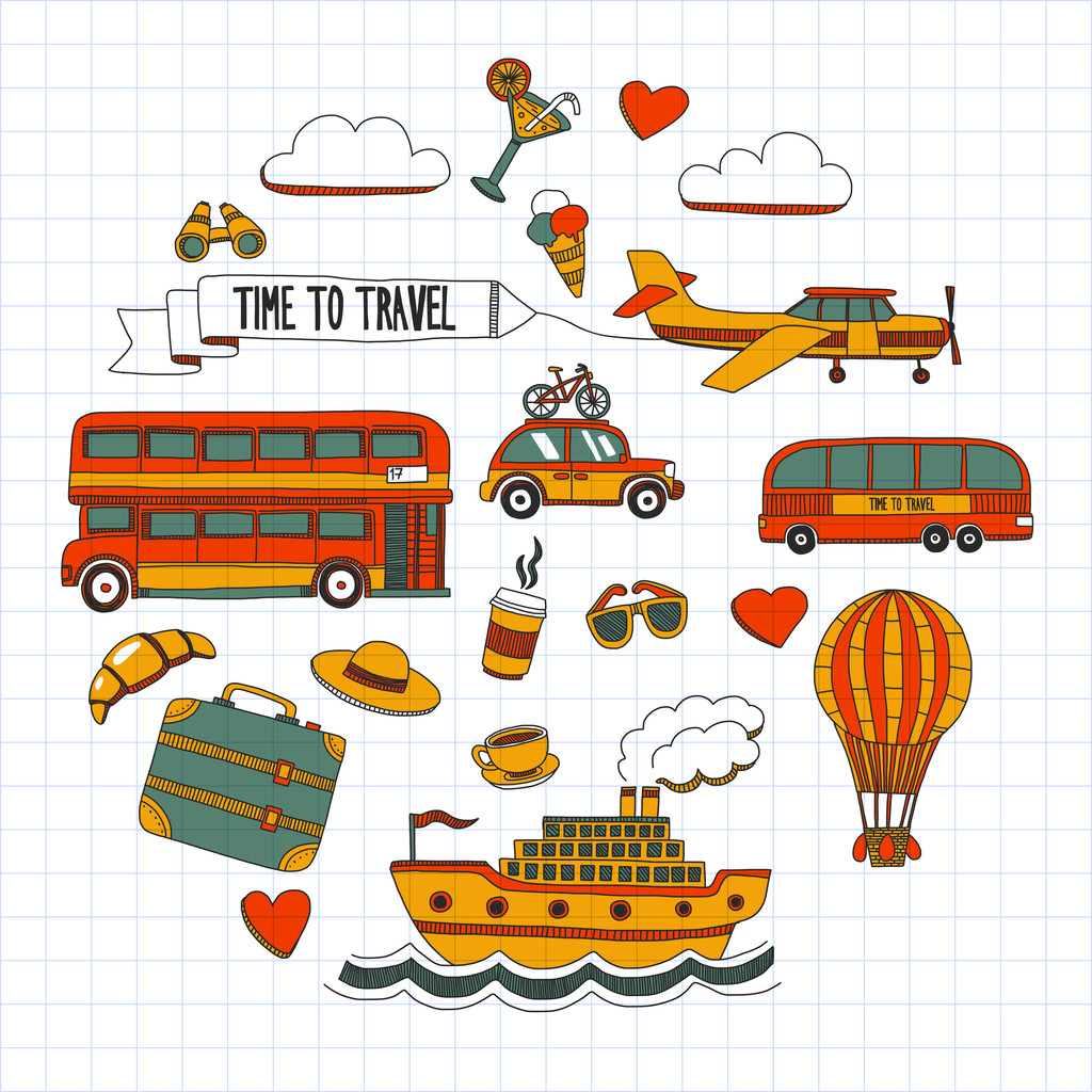 Doodle conjunto de imagens Tempo para viajar
 - Vetor, Imagem
