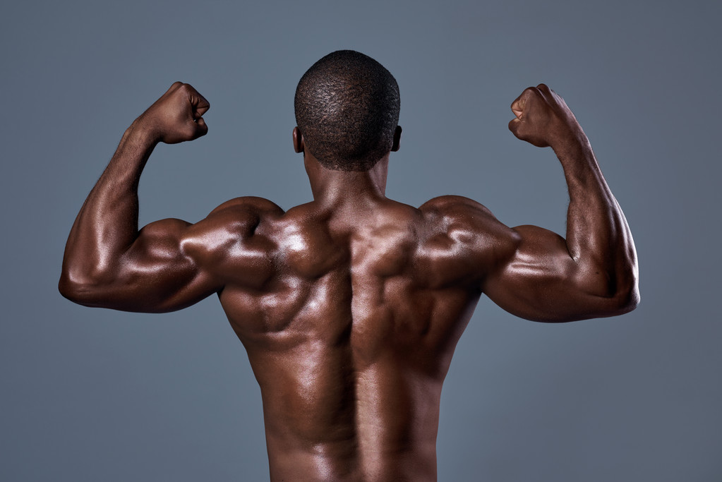 Чорношкірий африканський чоловік з добре визначеним м'язовим тілом назад позує в студії
 - Фото, зображення