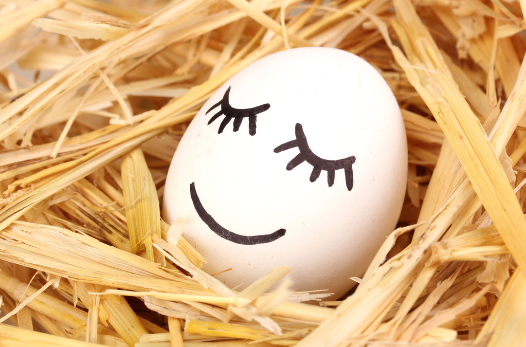 Huevo blanco con cara divertida en paja
 - Foto, imagen