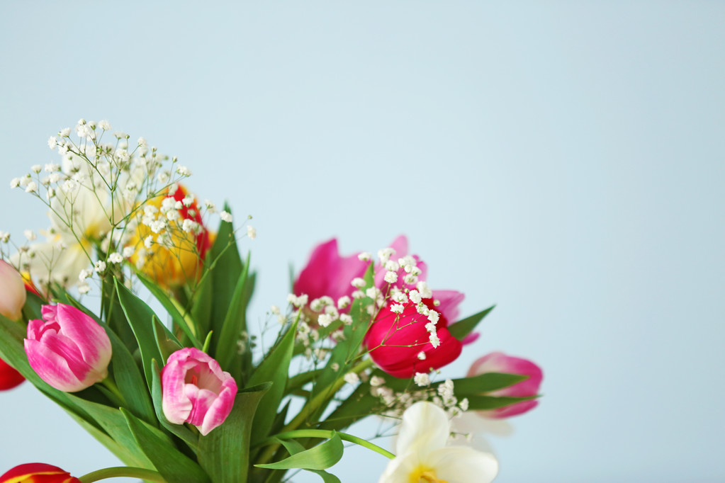 Bouquet kauniita värikkäitä tulppaanit vaaleansininen seinä tausta
 - Valokuva, kuva