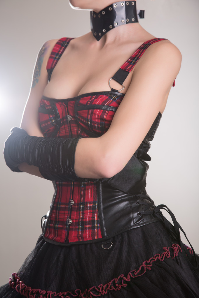 Beautiful woman in plaid leather corset  - Photo, Image