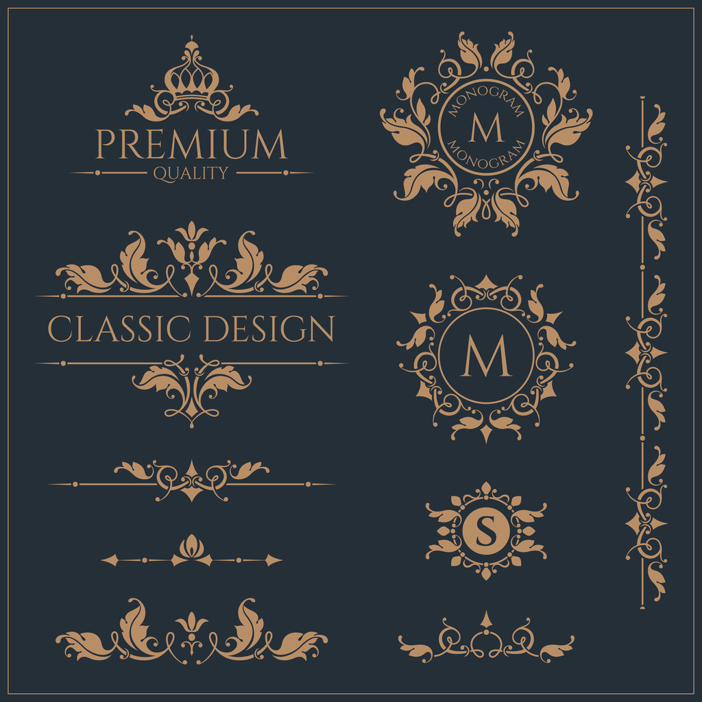 Set of monograms and borders. Graphic design pages. - Vector, Image