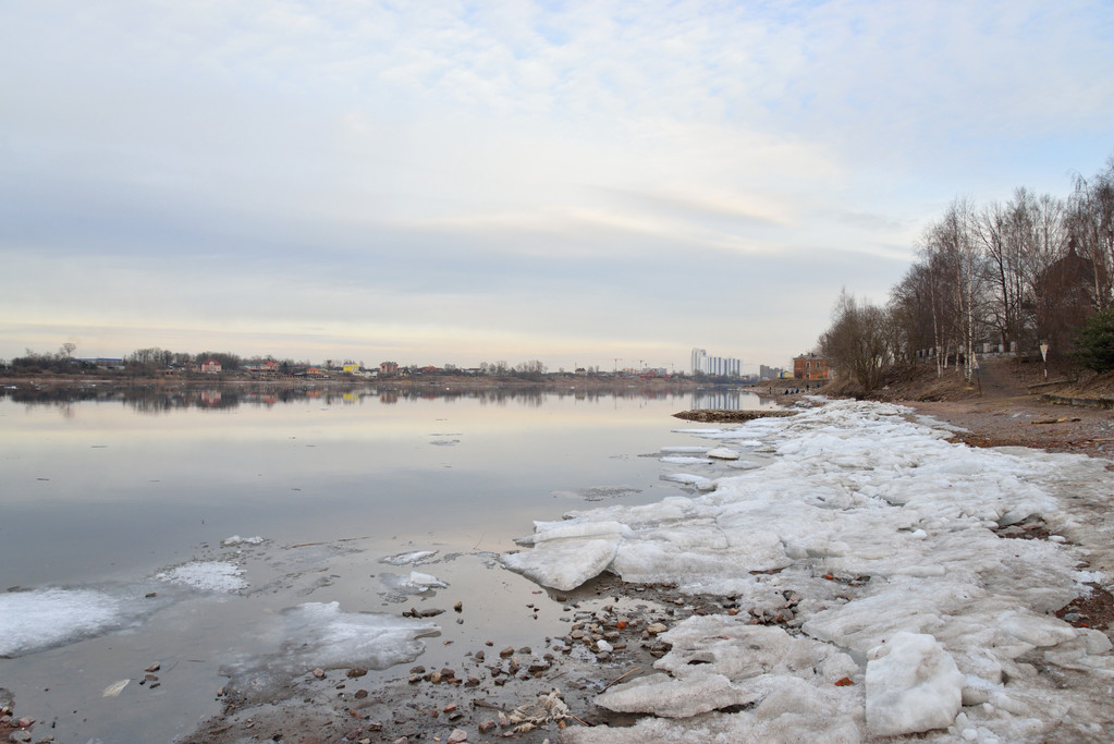 Widok od rzeki Newy na przedmieściach Sankt Petersburga. - Zdjęcie, obraz