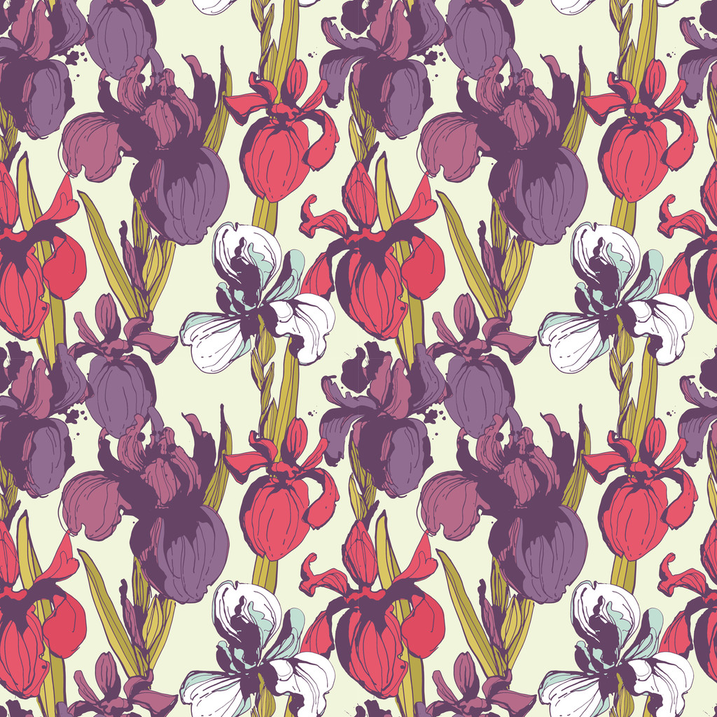 Floral flower iris seamless hand drawn pattern.Colored ink splat - Vector, Image