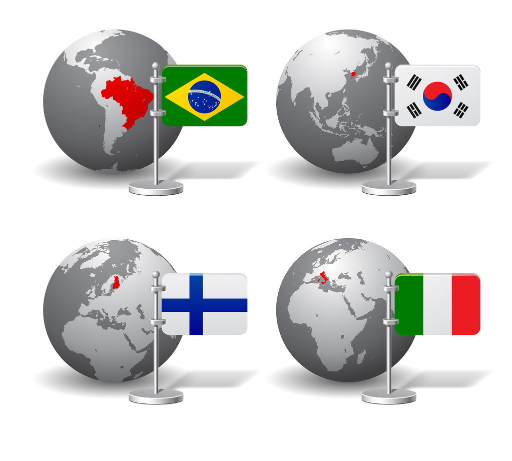 Szürke földi Globe megnevezéssel, országok, zászlók - Vektor, kép