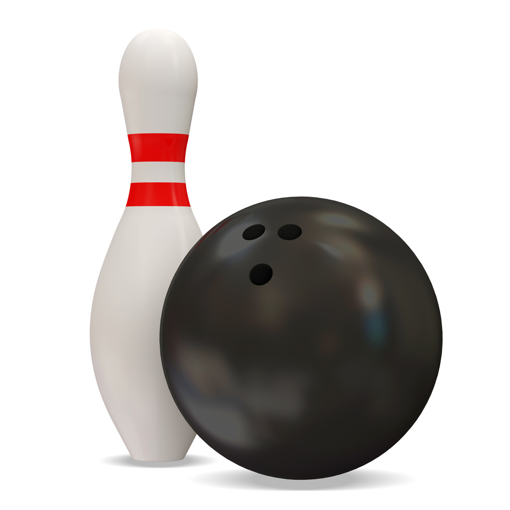 3D bowling golyó és a PIN-kódot, a fehér háttér - Fotó, kép