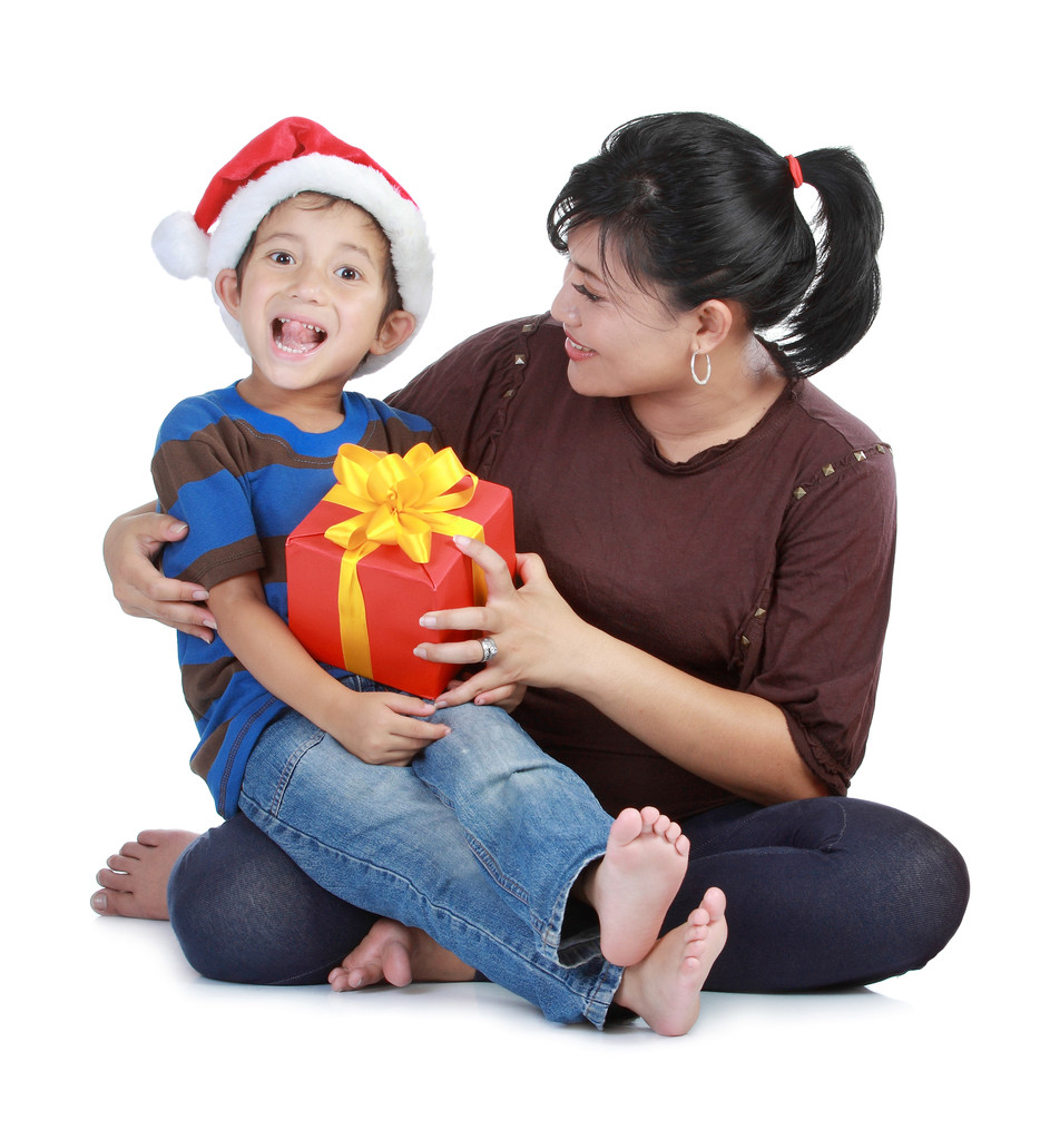 Junge im Weihnachtsmann-Hut und seine Mutter - Foto, Bild