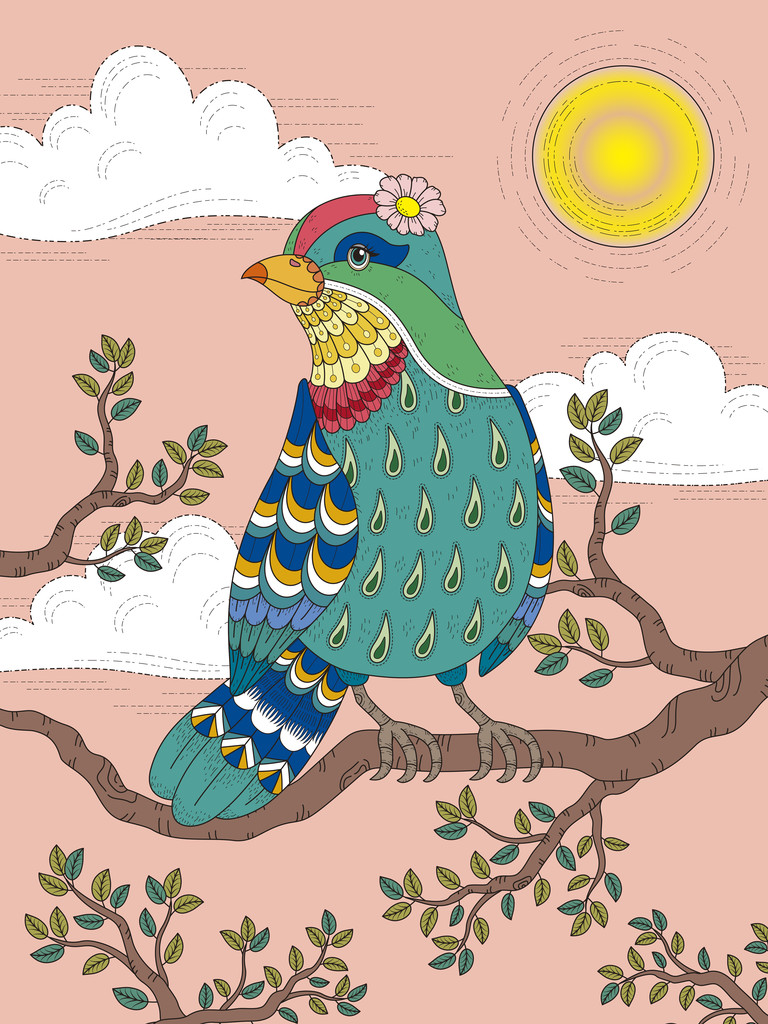 güzel Bayan kuş ile yetişkin renklendirme sayfa - Vektör, Görsel