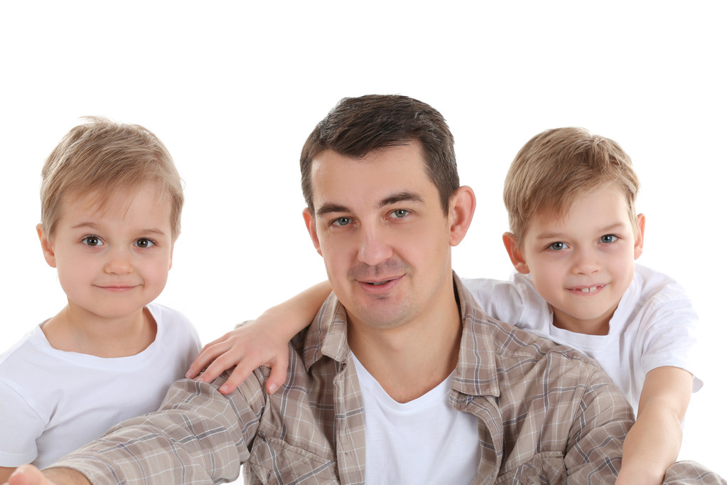 Dad making selfie with his sons isolated on white - Photo, Image