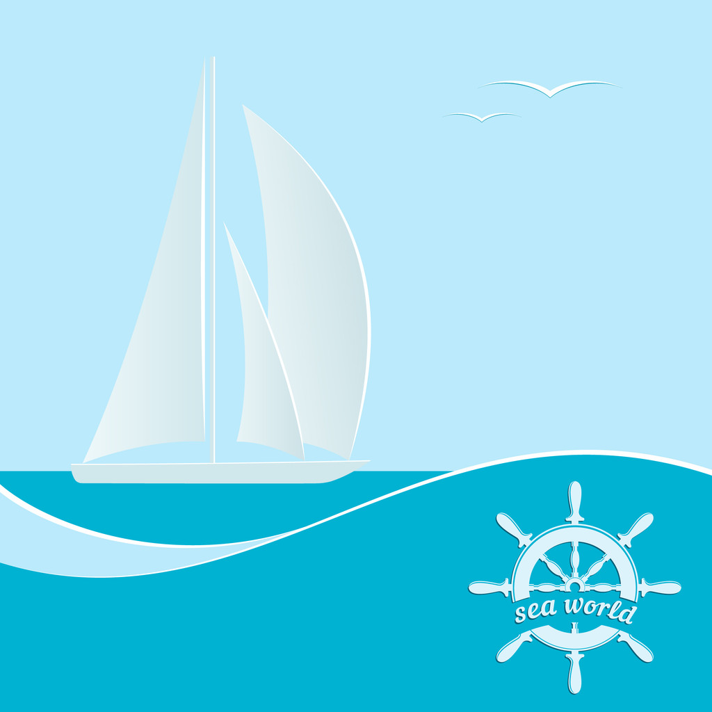 Zeilboot op een blauwe achtergrond. Een poster met de tekst van de zeeleven. Vectorillustratie. - Vector, afbeelding