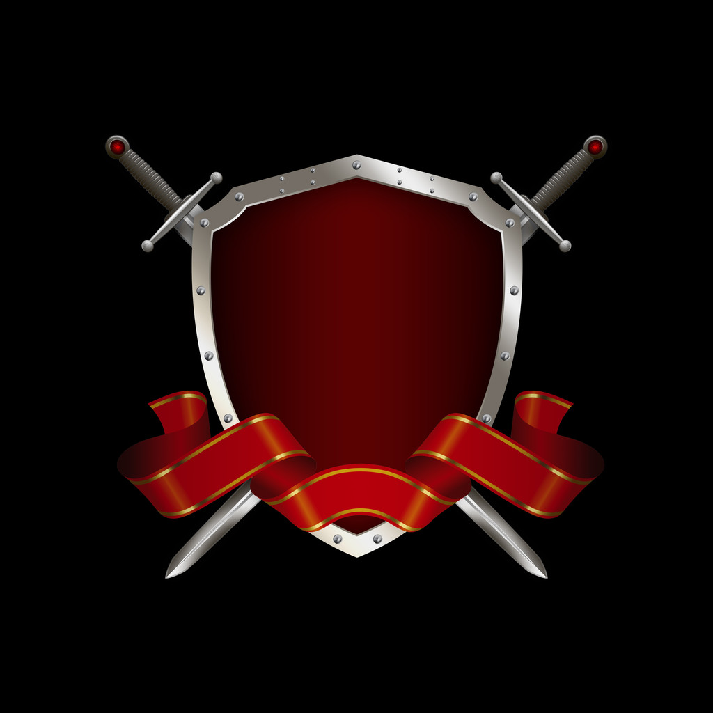 Escudo rojo con espadas y cinta roja
. - Foto, imagen