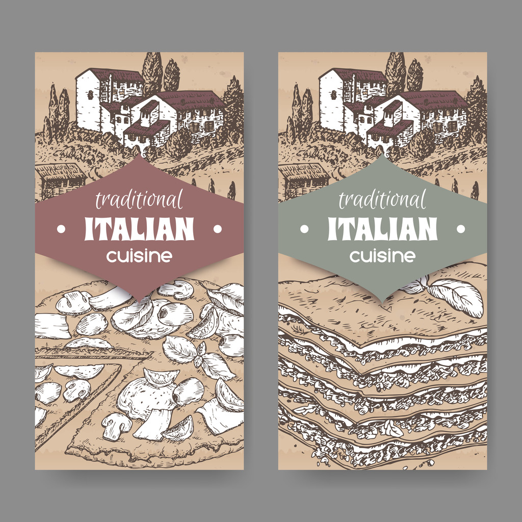 Dos etiquetas de cocina italiana con pizza y lasaña en cartón
 - Vector, imagen