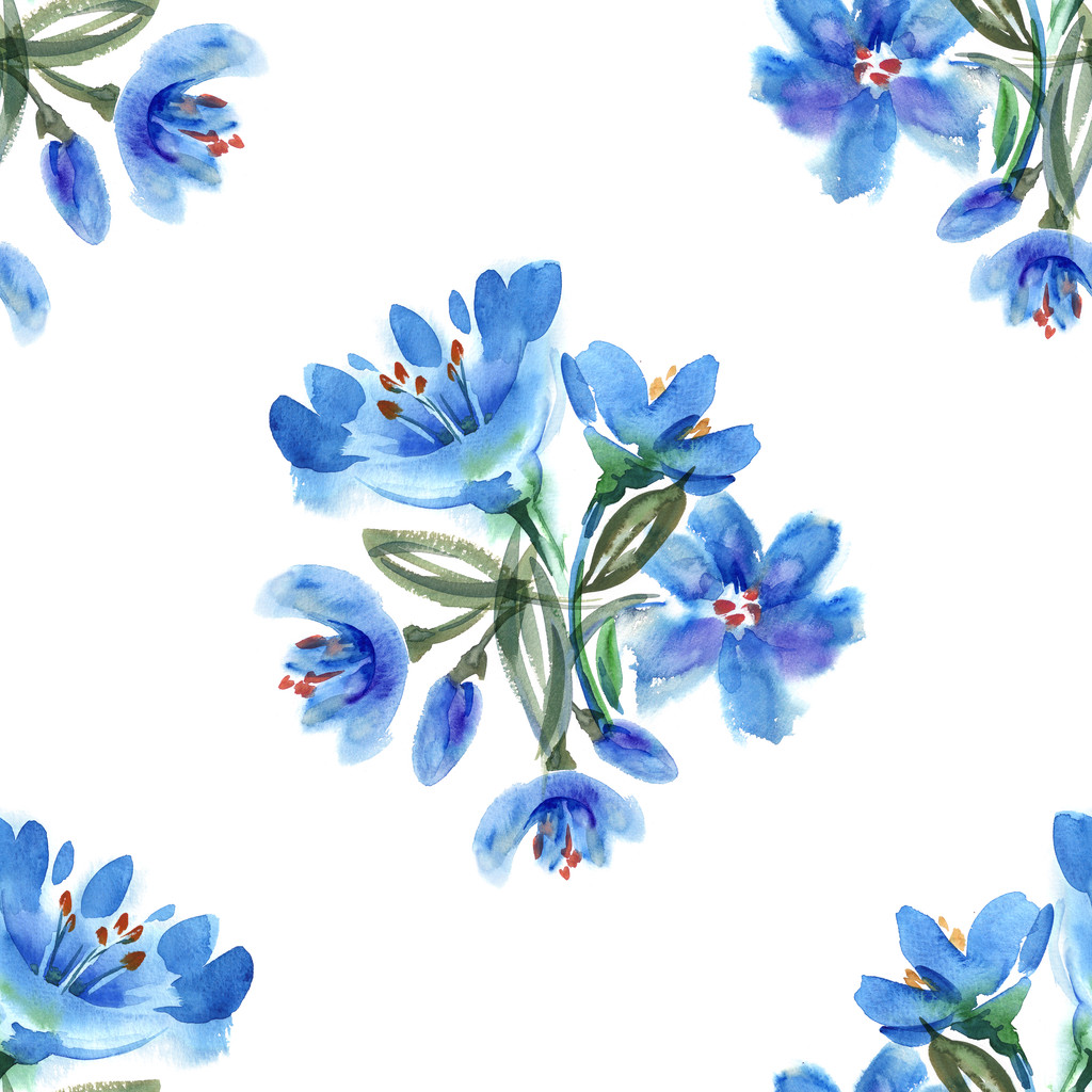 Watercolor Blue Flowers Seamless Pattern - Photo, Image