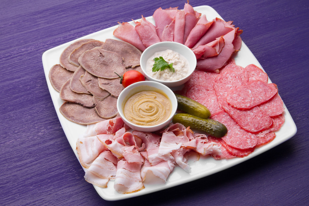 meat dish, sliced sausage, bacon and meat - Photo, Image