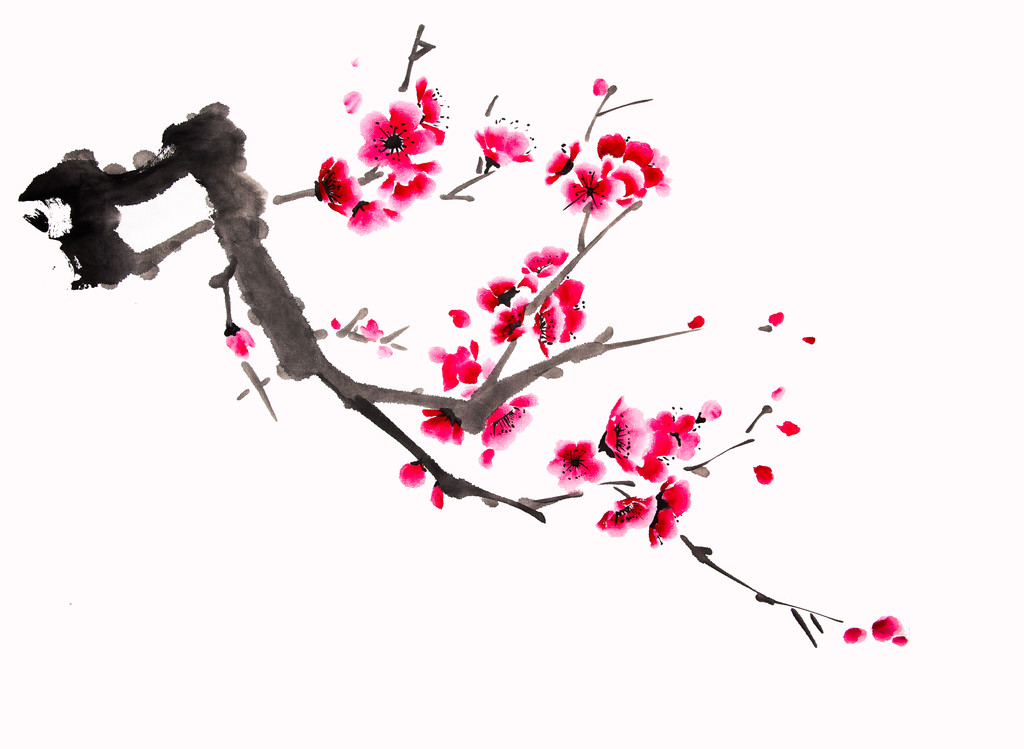 Κινεζική ζωγραφική με νερομπογιές κεράσι - Φωτογραφία, εικόνα