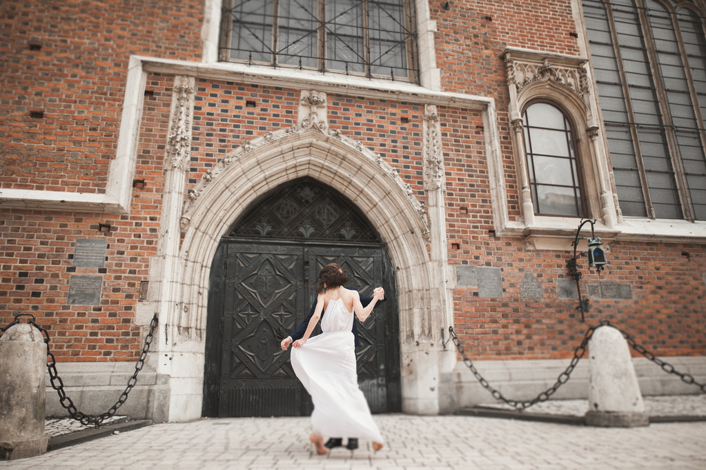 lindo casamento casal, noiva, noivo posando perto de idade portão edifício
 - Foto, Imagem
