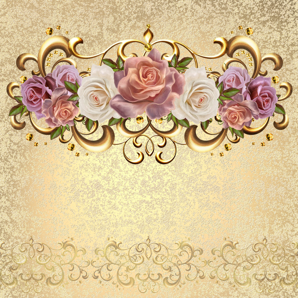 Strauß rosa und pastellfarbener Rosen in einem goldenen Rahmen. alten Stils. Goldweberei. Floraler Hintergrund. - Foto, Bild