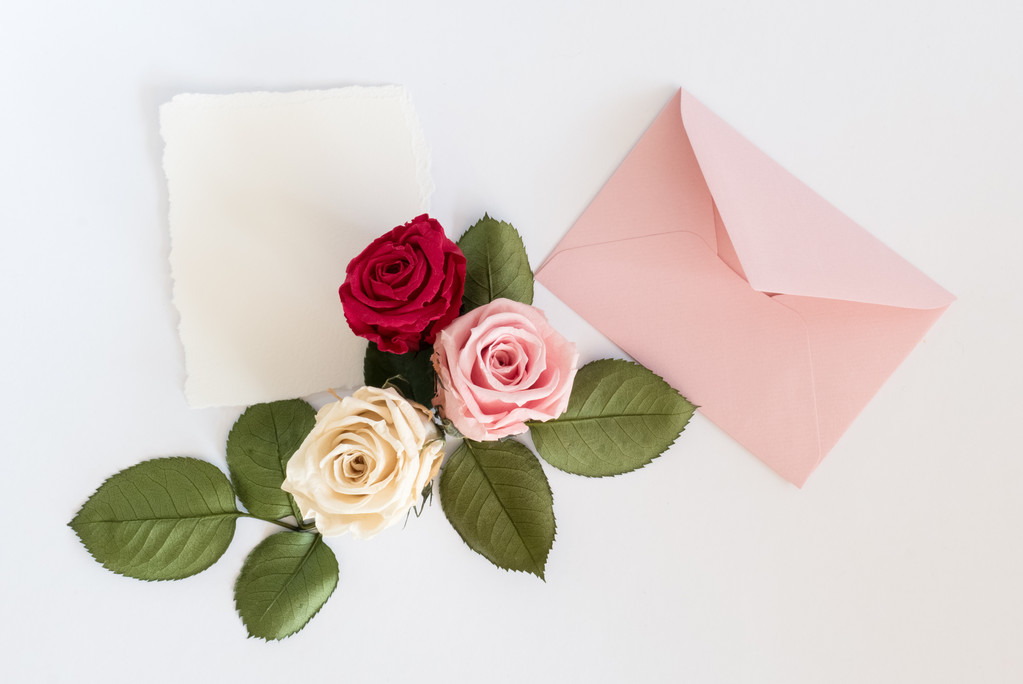Enveloppe rose avec carte blanche et roses. Pose plate
. - Photo, image