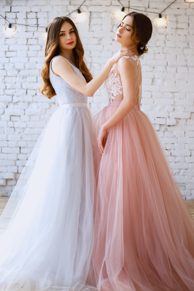 Due spose in teneri abiti da sposa rosa chiaro e blu in una mattina. Ritratto bellezza moda
 - Foto, immagini