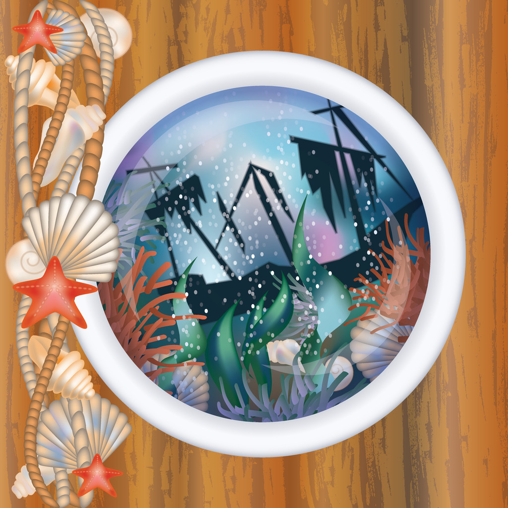 Porthole window with sunk ship, vector illustration - Vector, Image