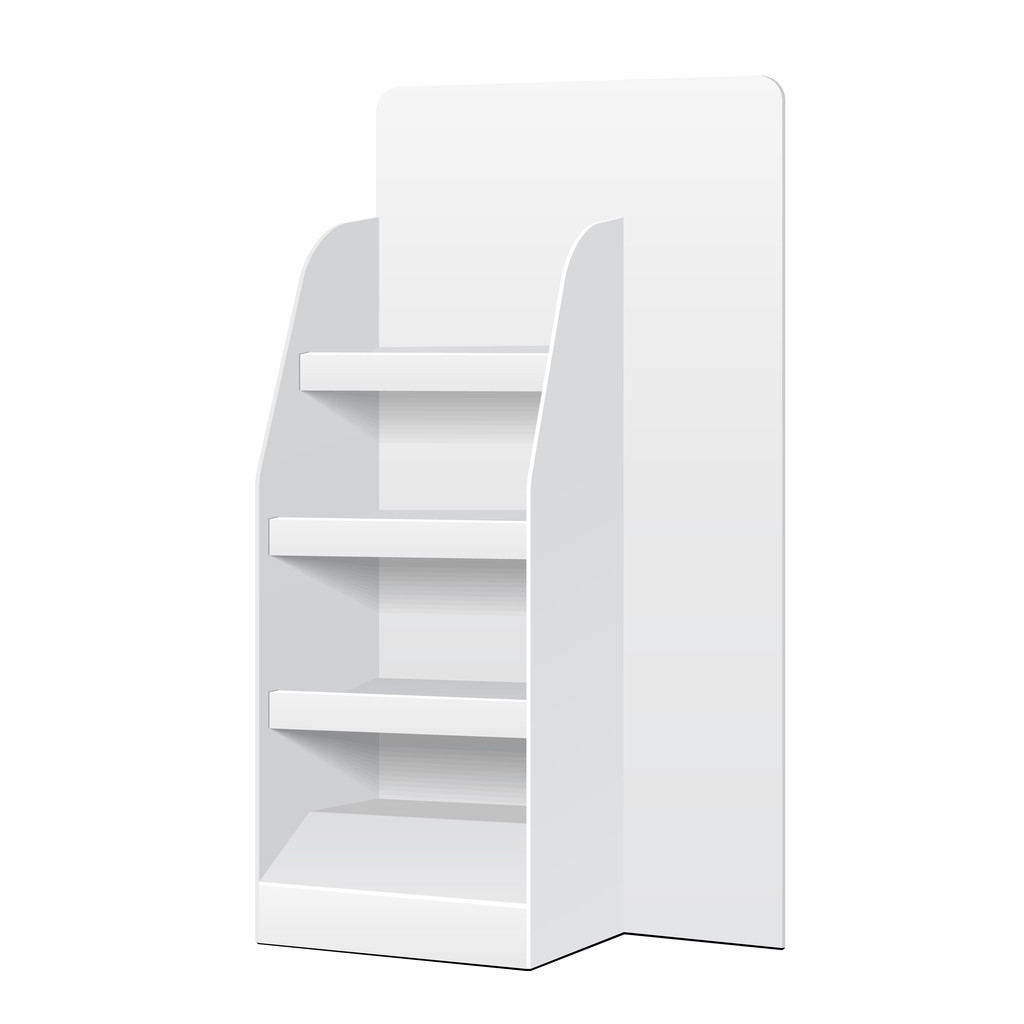 スーパー空空の白い Pos ポイ段ボールの階表示ラック棚と分離した白い背景の製品を表示します。あなたの設計のために準備ができて。製品の包装。ベクトル Eps10 - ベクター画像