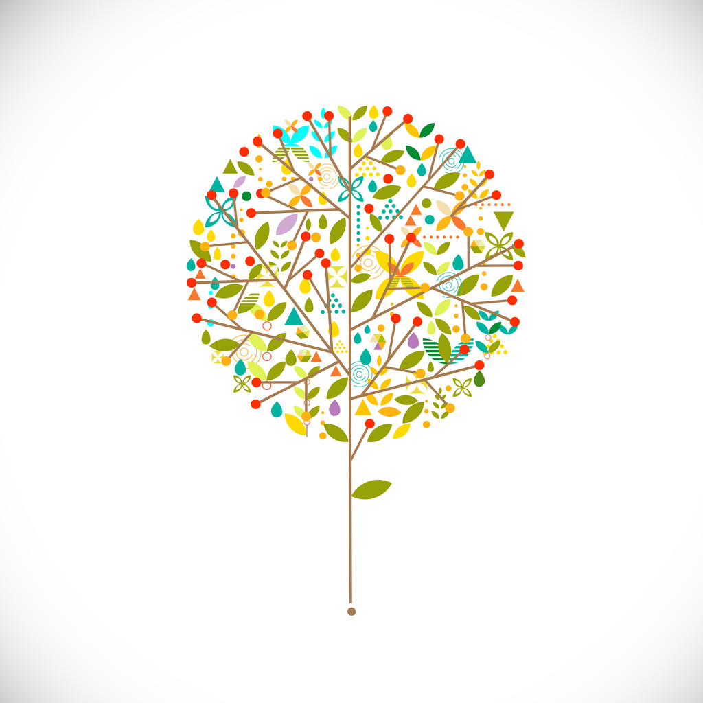 símbolo da árvore com criativo geométrico e folhas silhuetas decoração no fundo branco, ilustração vetorial
 - Vetor, Imagem