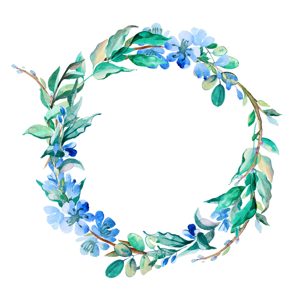 романтический венок из голубых цветов, раскрашенных акварелью
 - Фото, изображение