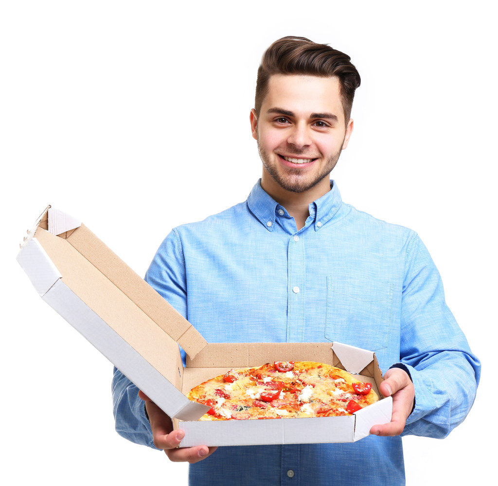 Joven hombre guapo y pizza
 - Foto, imagen