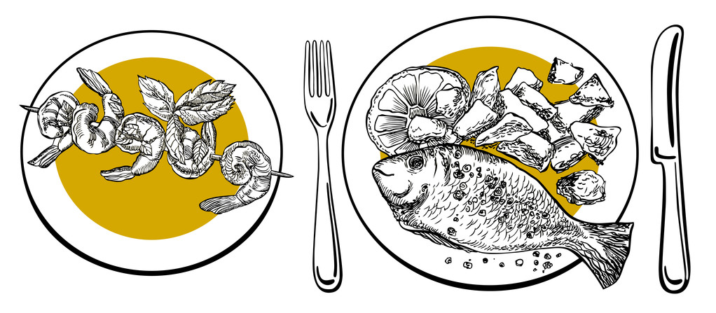 Set di pesci orata con patate e gamberetti barbecue. Illustrazione del vettore disegnato a mano
.  - Vettoriali, immagini