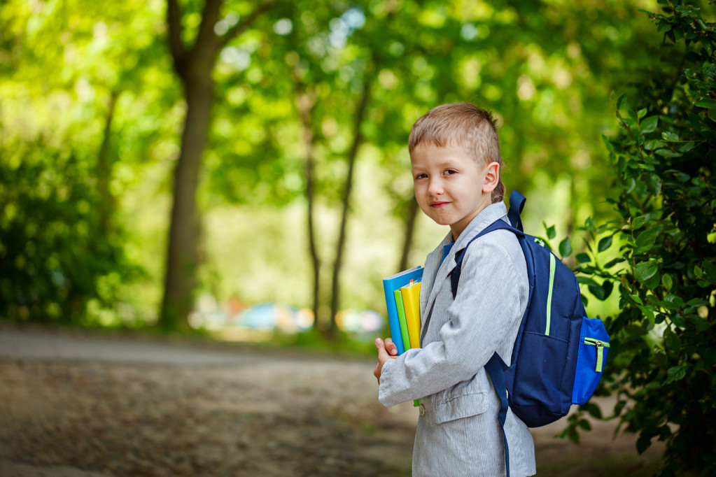 Милый маленький мальчик с книгами и рюкзаком на зеленой природе
 - Фото, изображение