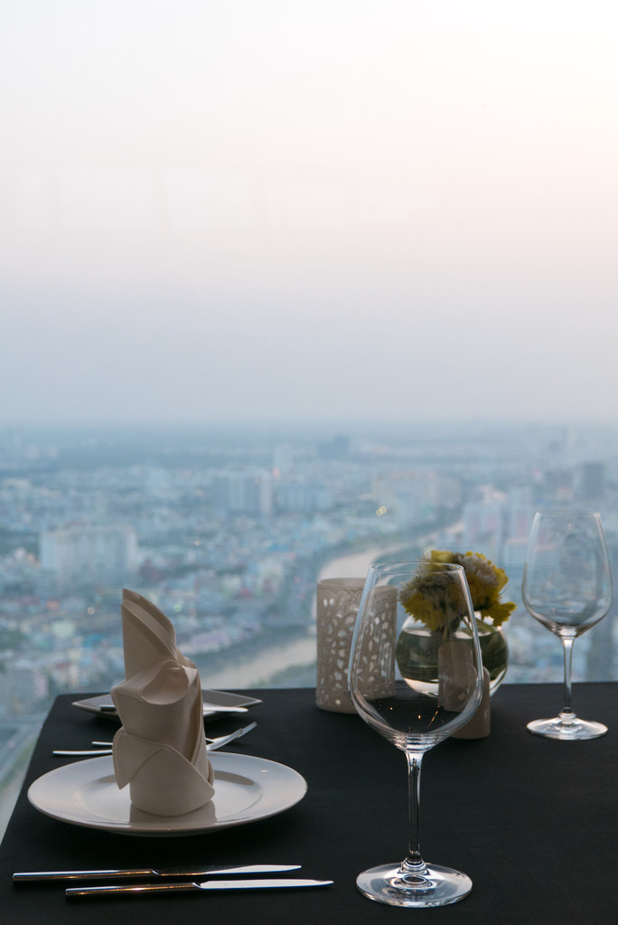 Details of elegant indoor restaurant table with city View. Ho Ch - Photo, Image