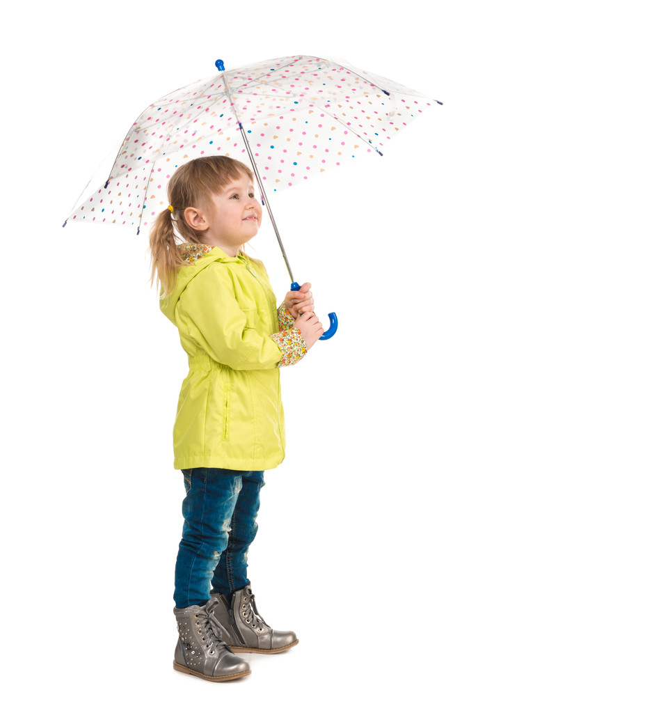 divertida niña sosteniendo paraguas en la mano
 - Foto, Imagen