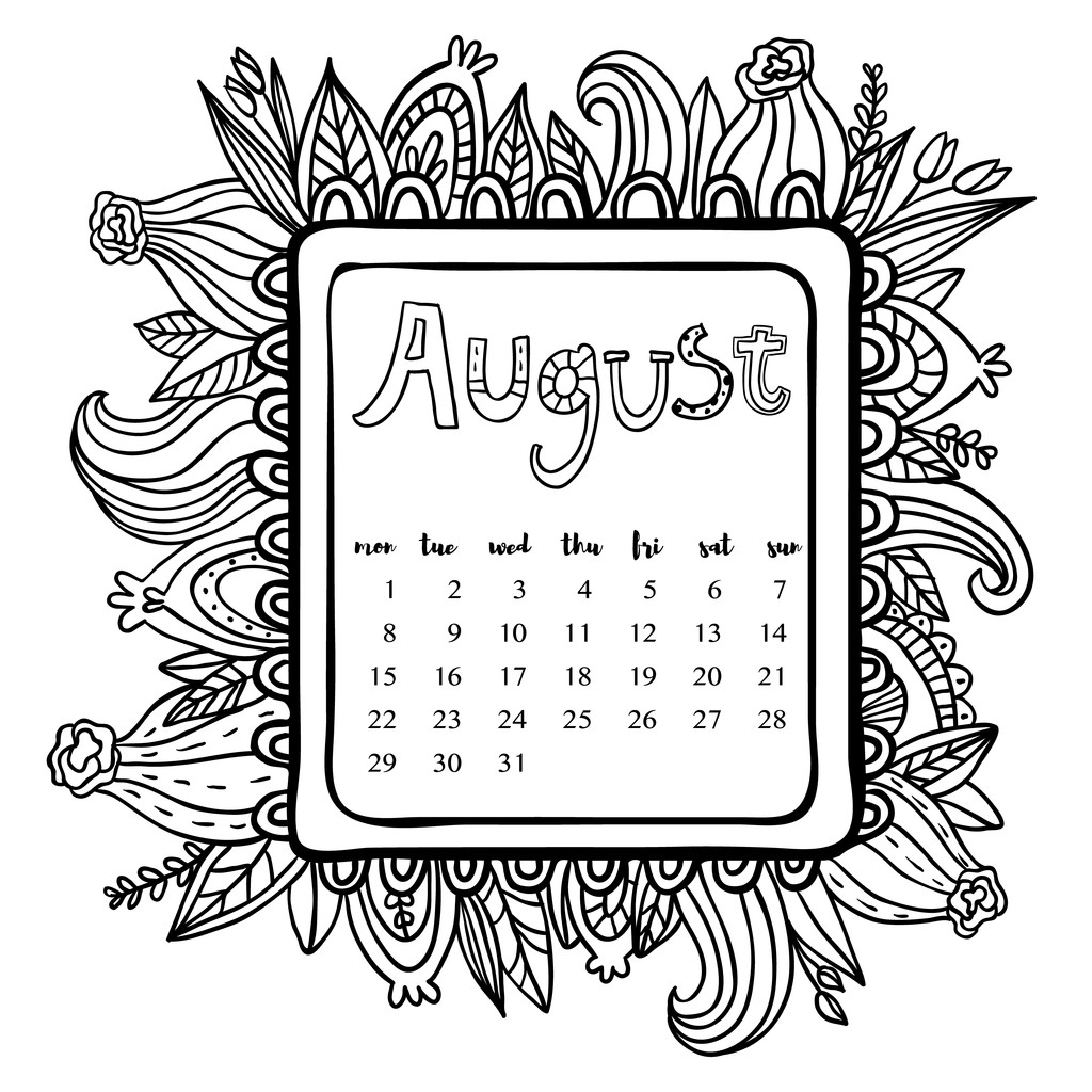 Elokuun 2016 kalenteri. Piirustuskehys. Söpö kukka koristeltu runko. Tulostettava sivu
. - Vektori, kuva