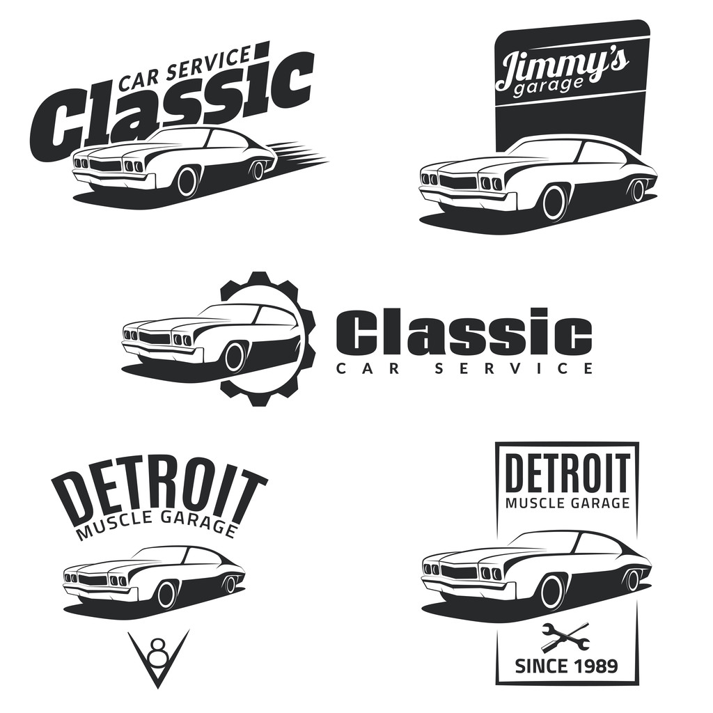 Conjunto de emblemas clásicos de coches musculares, insignias e iconos
. - Vector, imagen