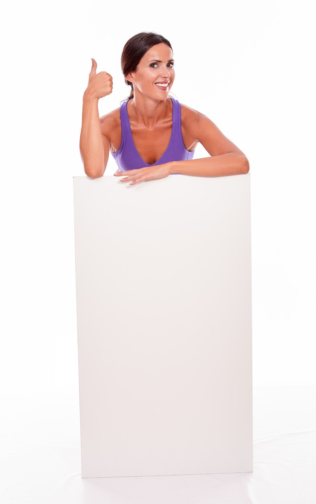 健康フィット空白のプラカードの後ろの女性 - 写真・画像