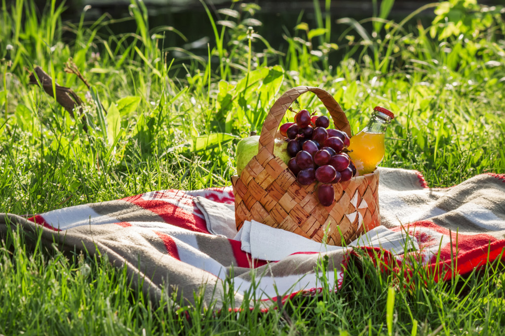 Wiklinowy kosz piknikowy z owocami i napojami - Zdjęcie, obraz