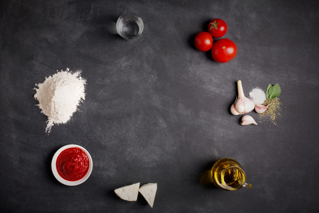 Ingredients for pizza on the chalkboard - Photo, Image