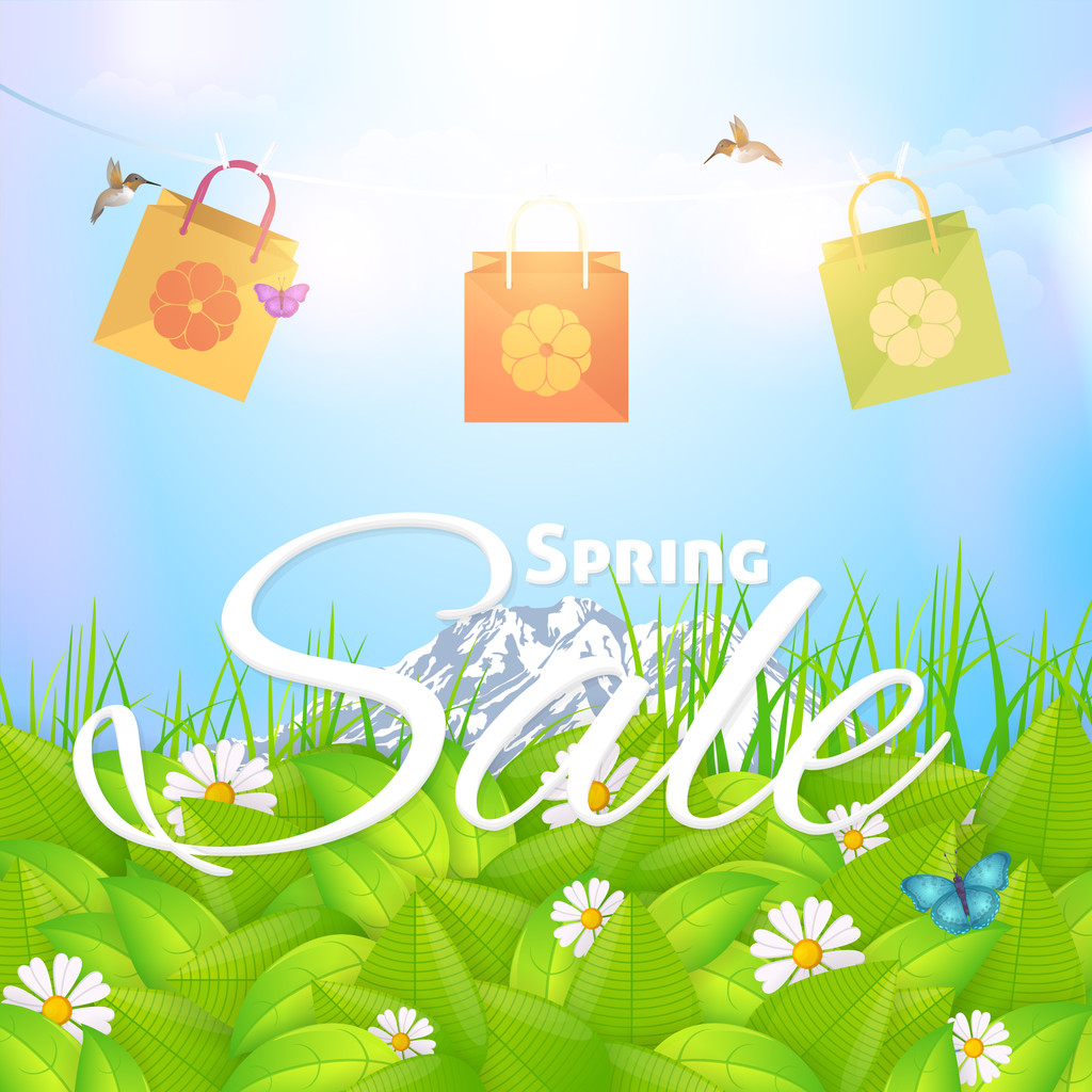 Spring Sale Concept Ad Background, Natural Landscape and Hanging Shopping Bag Illustration, Vector Web Banner Design - Vector, Image