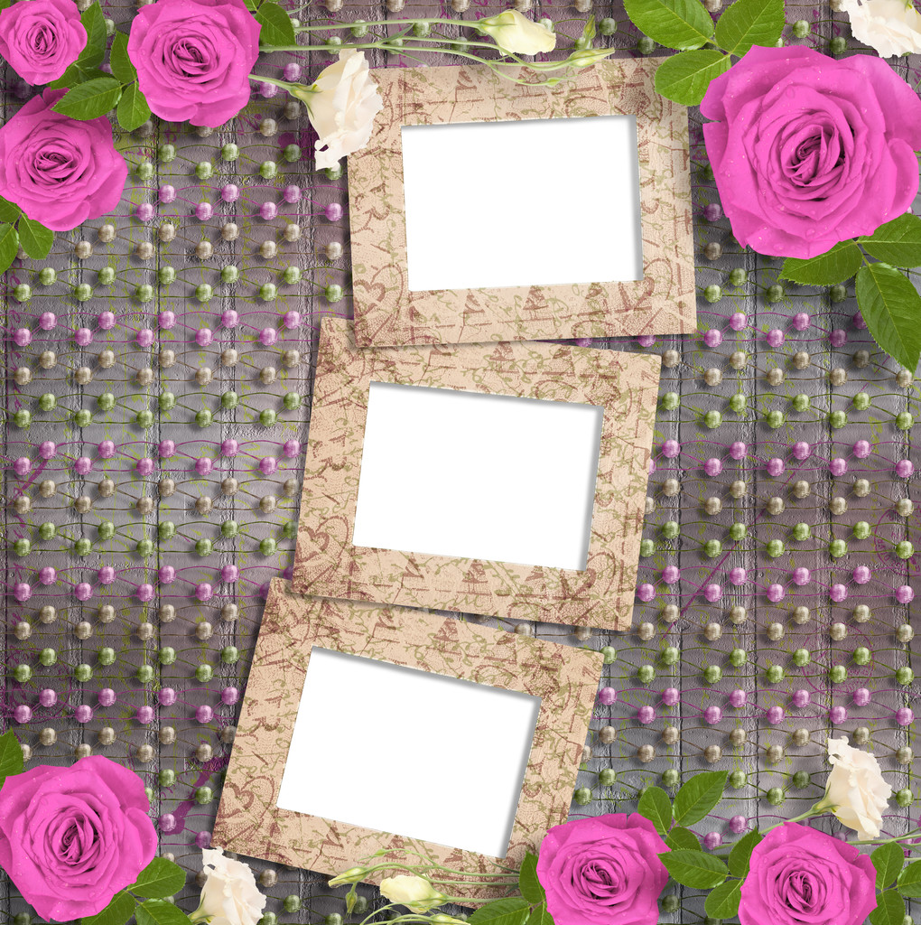Όμορφη ευχετήρια κάρτα με ροζ τριαντάφυλλα, κορδέλες  - Φωτογραφία, εικόνα